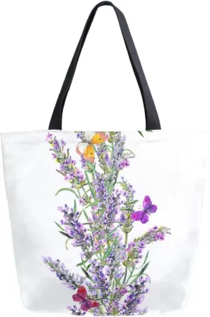 Canvas Tote Bag Lavender Frame Butterflies Women Shoulder Bag Purple Flowers Summer Reusable Grocery Bags Large Handbag Travel Shopping Bag for School Nursing Gift Outdoors
