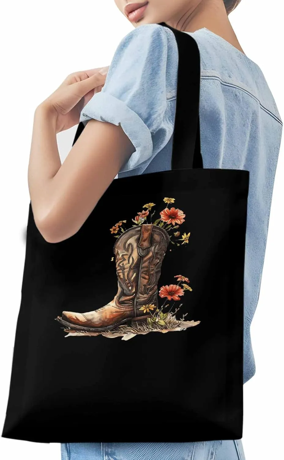 Canvas Tote Bag, Western Aesthetic Canvas Tote Handbags for Women Shoulder Bag Watercolor Floral