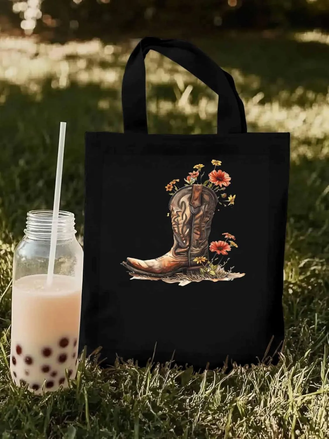 Canvas Tote Bag, Western Aesthetic Canvas Tote Handbags for Women Shoulder Bag Watercolor Floral