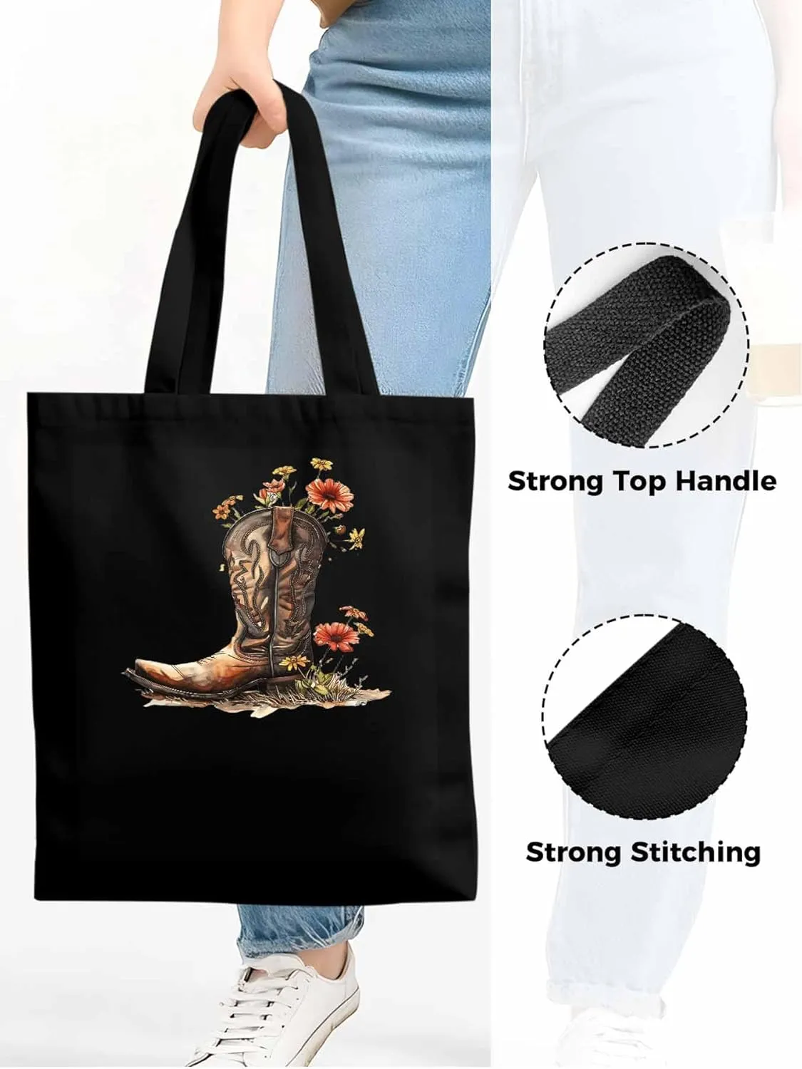 Canvas Tote Bag, Western Aesthetic Canvas Tote Handbags for Women Shoulder Bag Watercolor Floral