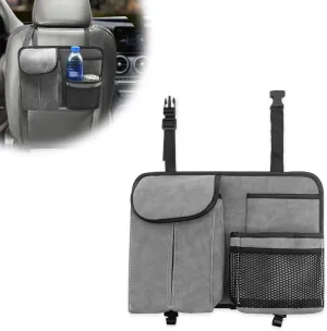 Car Seat Back Organizer Large Capacity Bag, Storage Bag with Hook, Suede, for Laptop/iPad/Office Supplies, Fits Any Car/Truck (Gray)