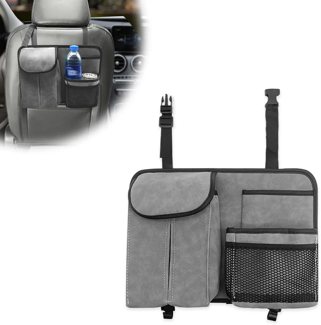 Car Seat Back Organizer Large Capacity Bag, Storage Bag with Hook, Suede, for Laptop/iPad/Office Supplies, Fits Any Car/Truck (Gray)
