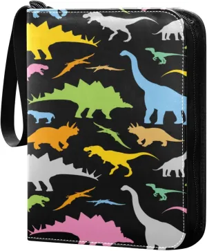 Card Binder 4 Pocket, Trading Card Binder Holder Fits 400 Cards with 50 Sleeves, Card Collection Binder Album Book Holder for Baseball Football Games Cards, Colorful Dinosaurs Black