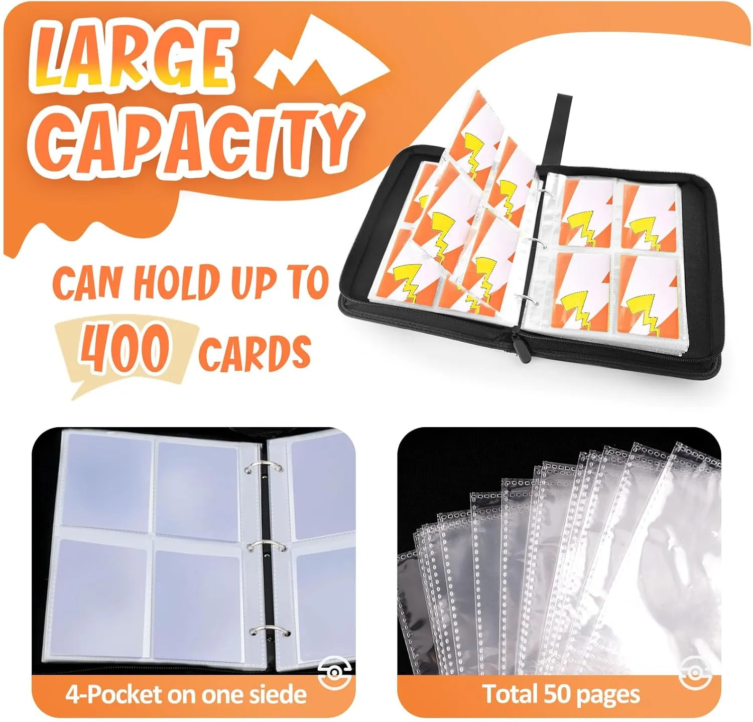 Card Binder 4-Pockets, 400 Pockets Card Holder with 50 Removable Sleeves, Trading Card Collector Zipper Album Holder, Yellow