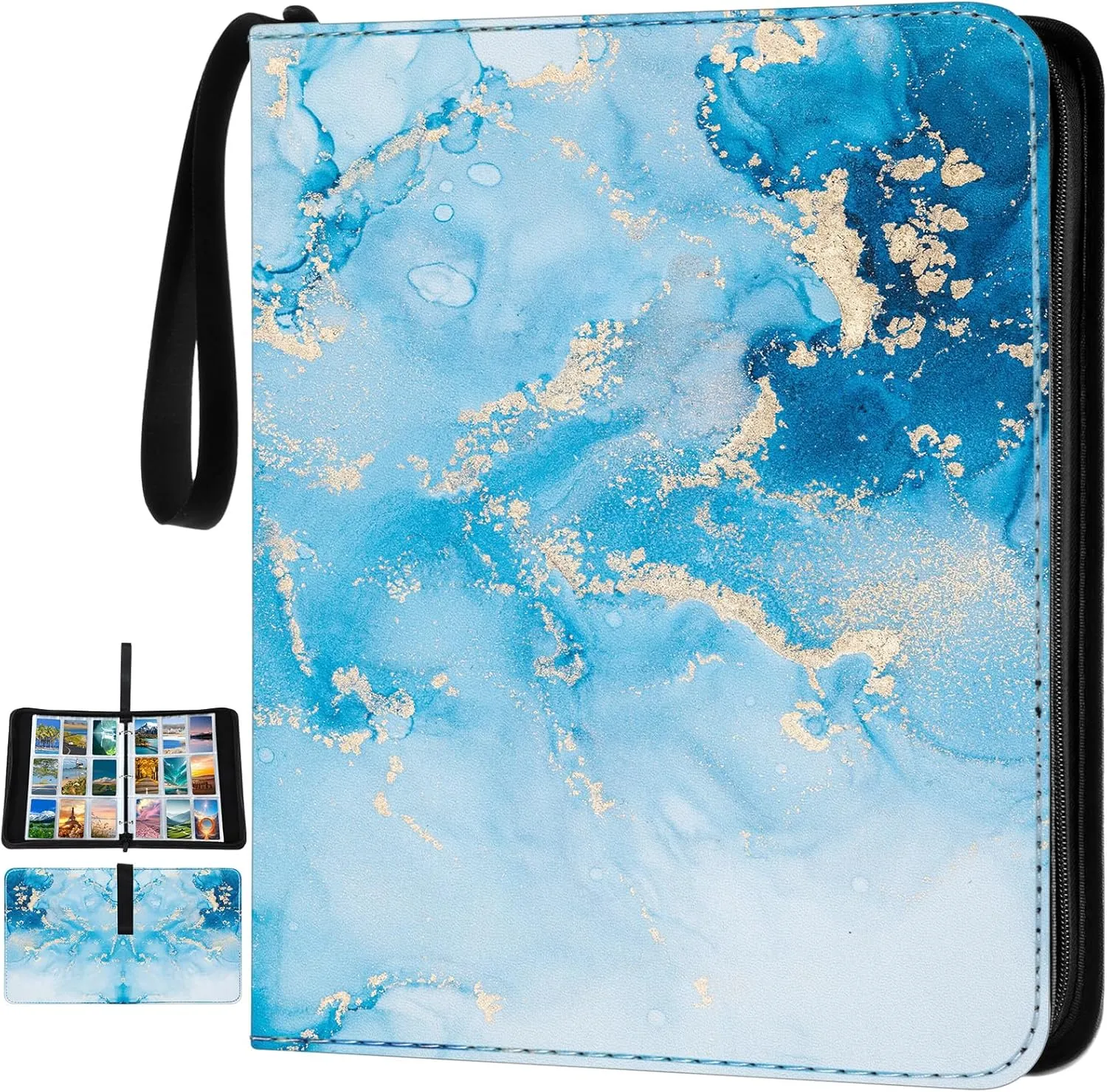 Card Binder 4/9 Pocket PU Waterproof Trading Binder Compatible with MTG/ygo/TCG for 400/900 Portable Album Holder with Zipper Wristband Card Organizer(Blue Marble,13.4 x 10.6 x 2 Inch)