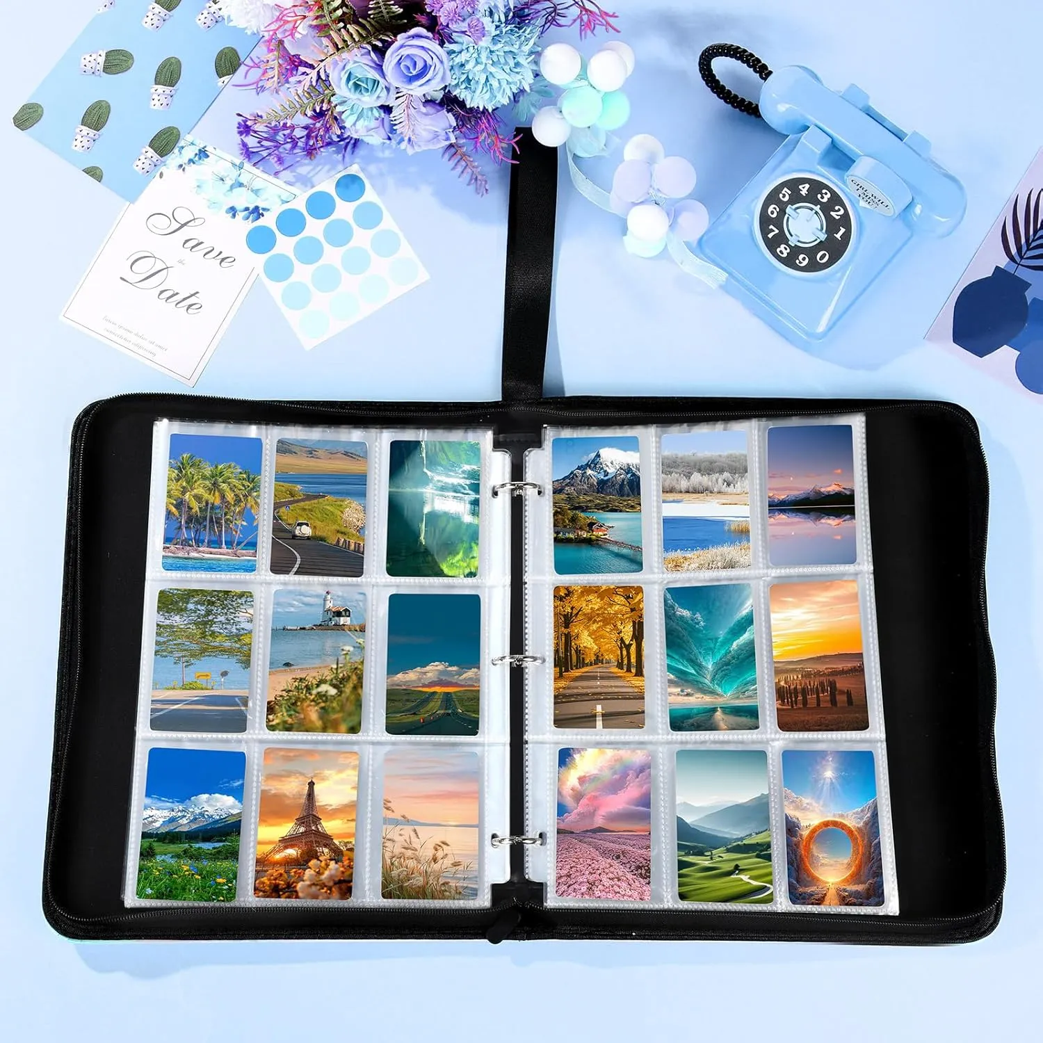 Card Binder 4/9 Pocket PU Waterproof Trading Binder Compatible with MTG/ygo/TCG for 400/900 Portable Album Holder with Zipper Wristband Card Organizer(Blue Marble,13.4 x 10.6 x 2 Inch)