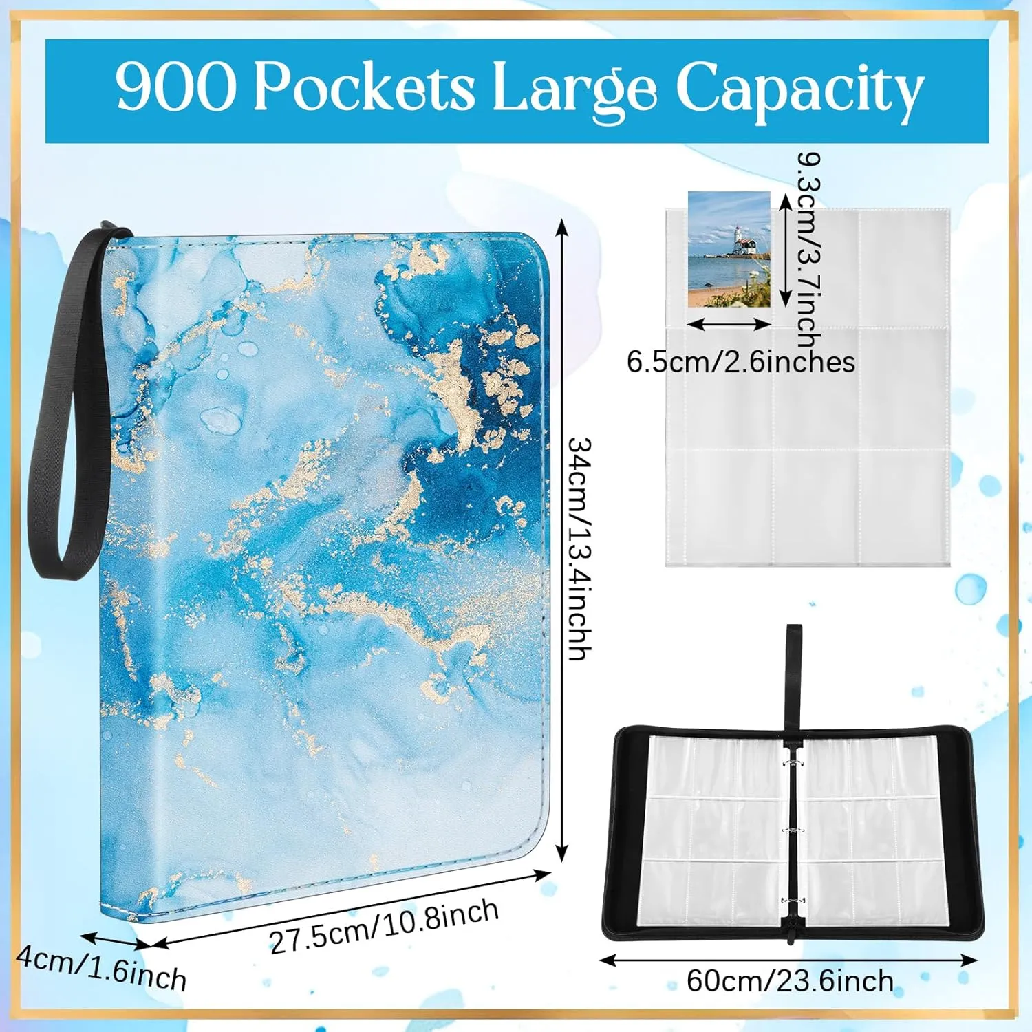Card Binder 4/9 Pocket PU Waterproof Trading Binder Compatible with MTG/ygo/TCG for 400/900 Portable Album Holder with Zipper Wristband Card Organizer(Blue Marble,13.4 x 10.6 x 2 Inch)