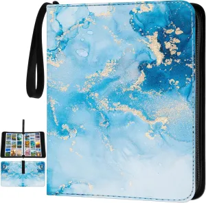 Card Binder 4/9 Pocket PU Waterproof Trading Binder Compatible with MTG/ygo/TCG for 400/900 Portable Album Holder with Zipper Wristband Card Organizer(Blue Marble,13.4 x 10.6 x 2 Inch)