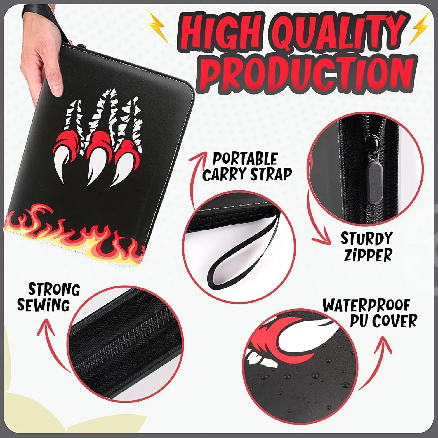 Card Binder 9-Pockets, 900 Pockets Card Holder with 50 Removable Sleeves, Trading Card Collector Zipper Album Holder - Black Red