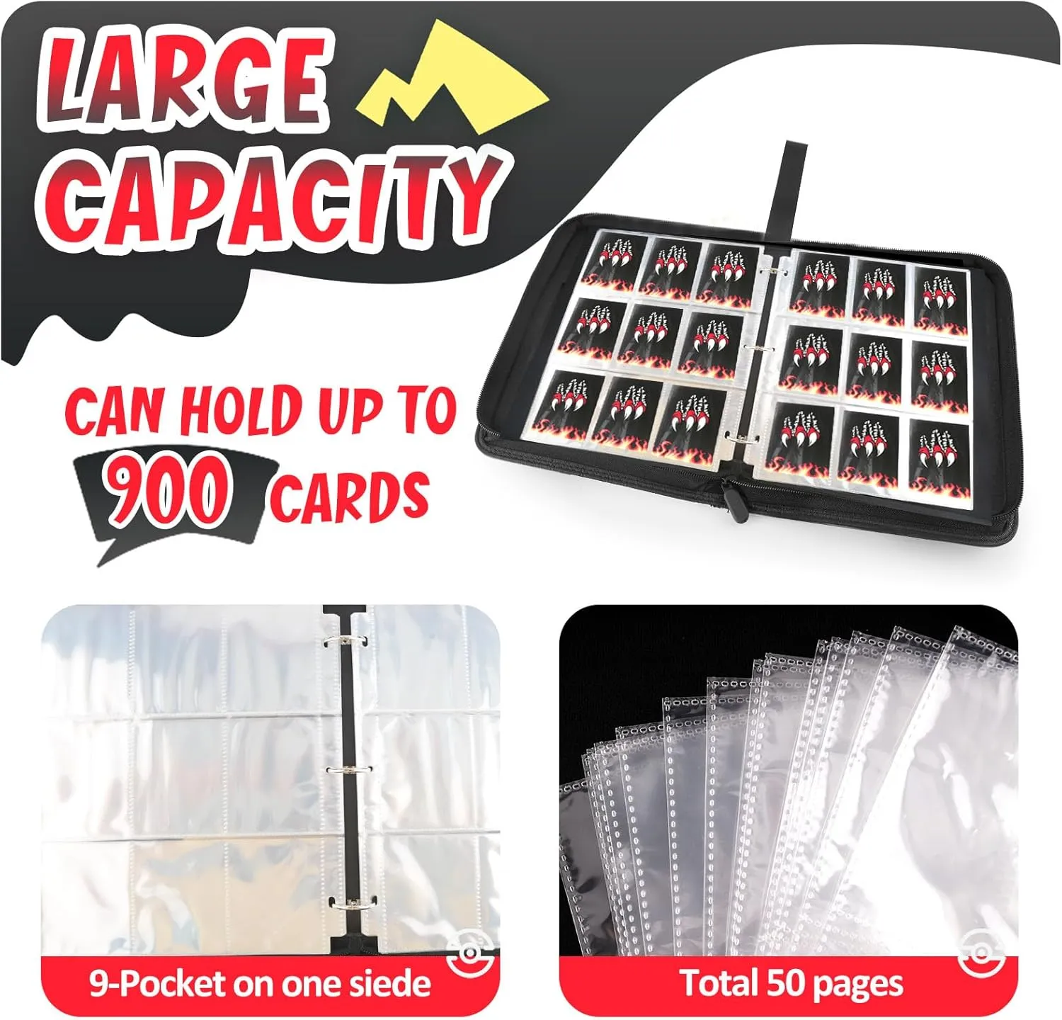 Card Binder 9-Pockets, 900 Pockets Card Holder with 50 Removable Sleeves, Trading Card Collector Zipper Album Holder - Black Red