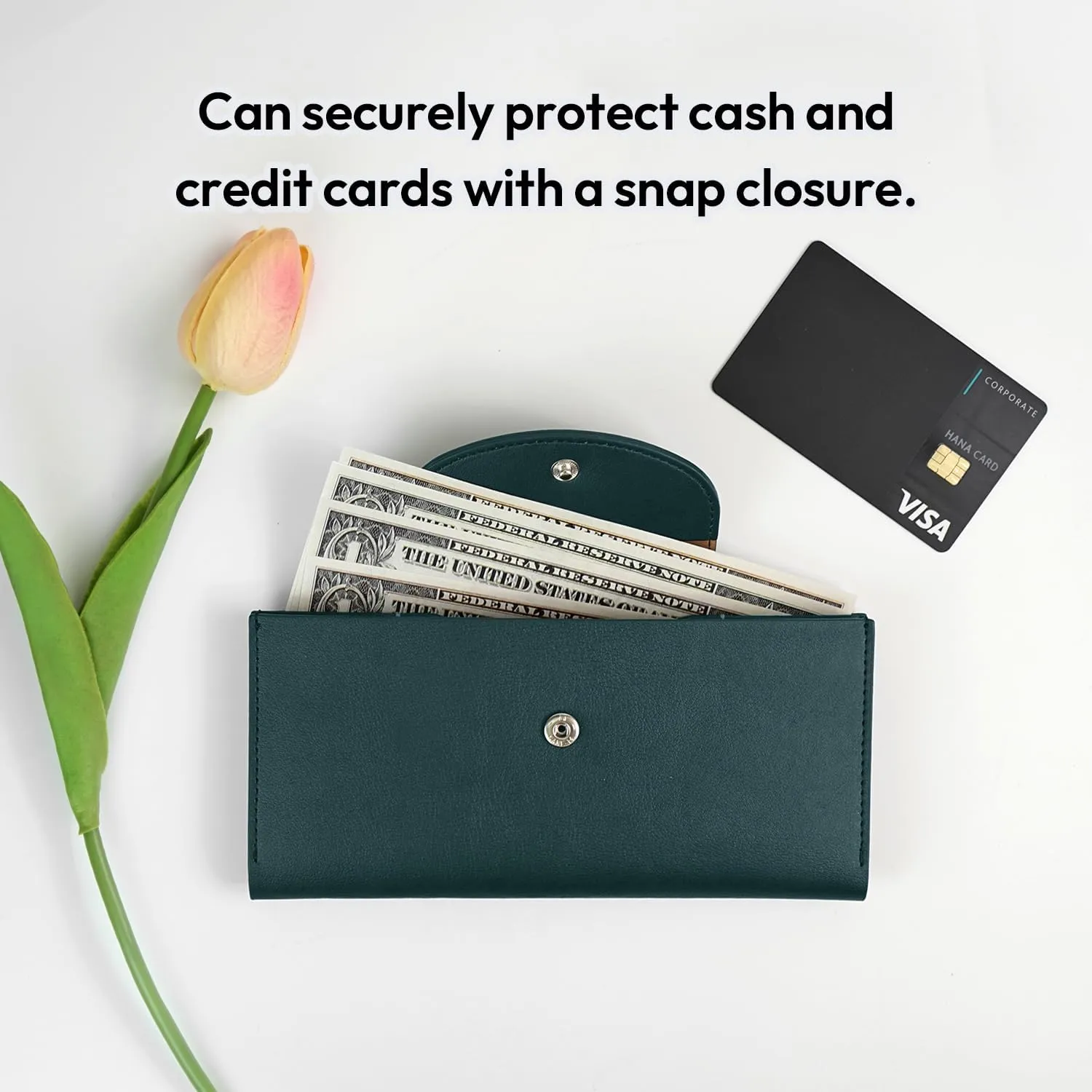 carrotez All-in-One Long Bifold 2-Tier PU Leather Wallet for Women, Money Organizer for Travel, Budgeting, Cash Envelope Wallet for Carrying Cash, Credit Cards & Business Cards - Dark Green