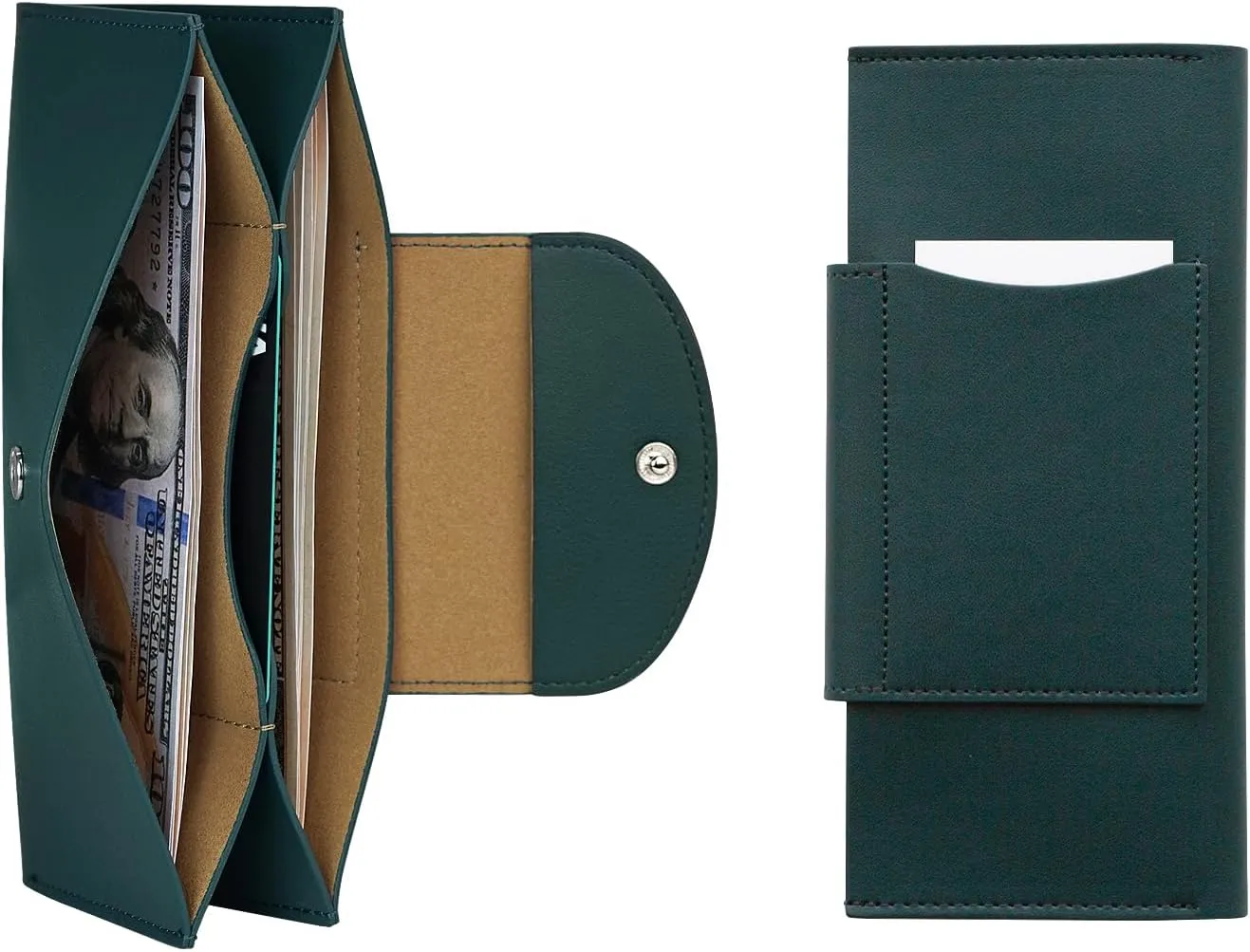 carrotez All-in-One Long Bifold 2-Tier PU Leather Wallet for Women, Money Organizer for Travel, Budgeting, Cash Envelope Wallet for Carrying Cash, Credit Cards & Business Cards - Dark Green