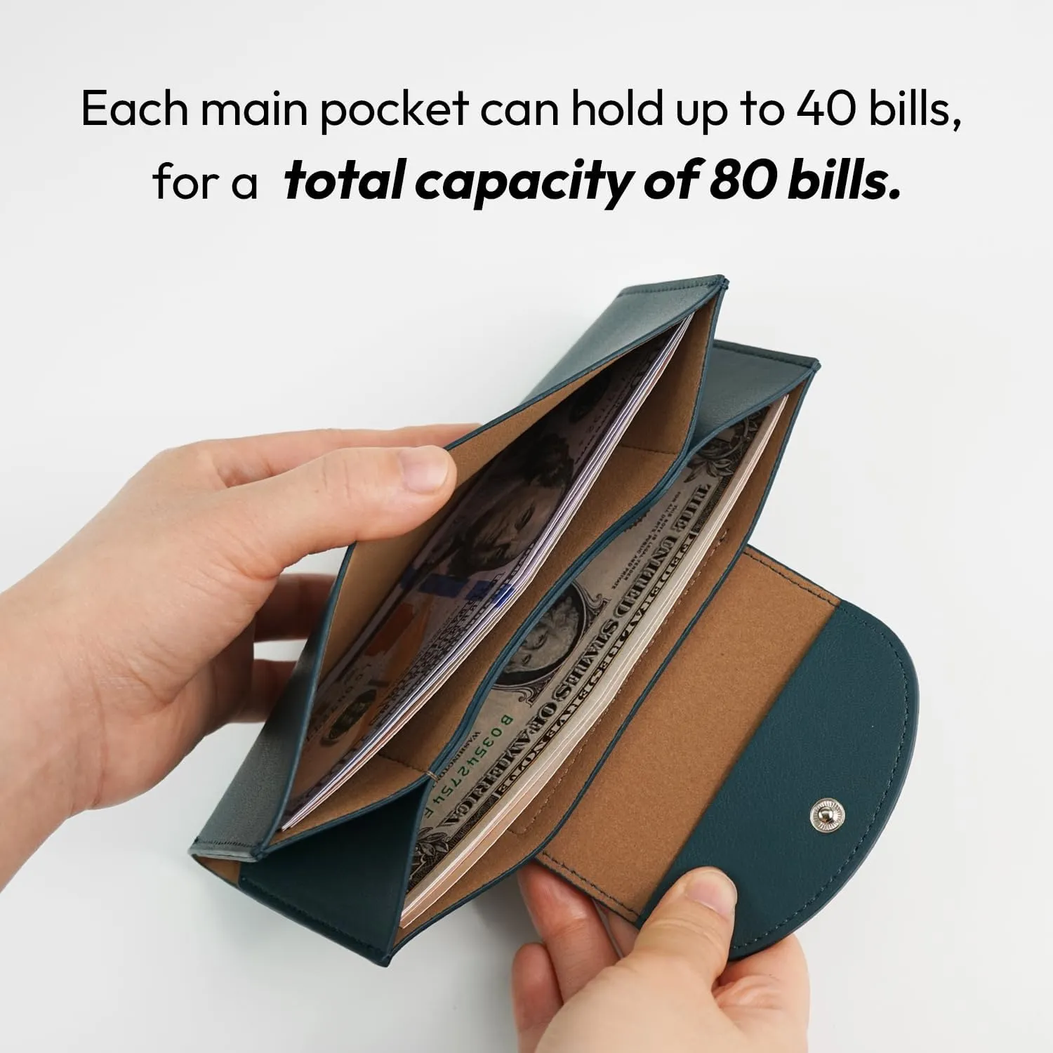 carrotez All-in-One Long Bifold 2-Tier PU Leather Wallet for Women, Money Organizer for Travel, Budgeting, Cash Envelope Wallet for Carrying Cash, Credit Cards & Business Cards - Dark Green