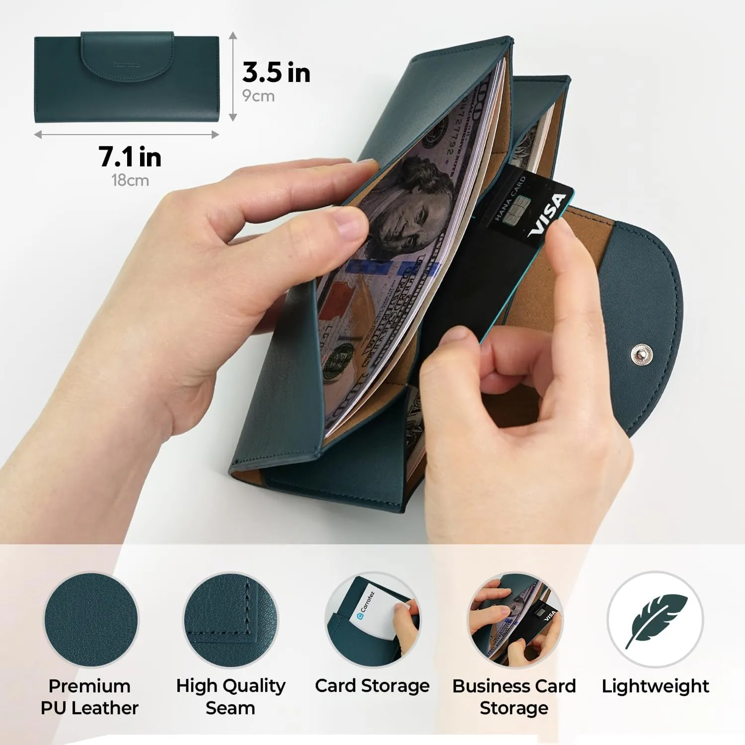 carrotez All-in-One Long Bifold 2-Tier PU Leather Wallet for Women, Money Organizer for Travel, Budgeting, Cash Envelope Wallet for Carrying Cash, Credit Cards & Business Cards - Dark Green