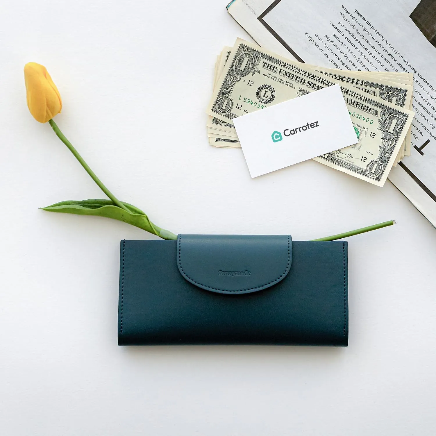 carrotez All-in-One Long Bifold 2-Tier PU Leather Wallet for Women, Money Organizer for Travel, Budgeting, Cash Envelope Wallet for Carrying Cash, Credit Cards & Business Cards - Dark Green