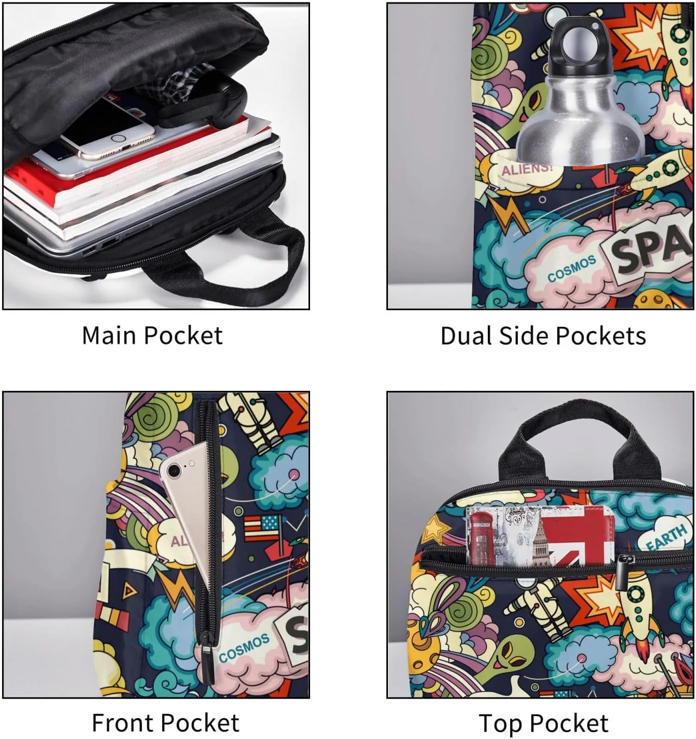 Cartoon space rockets astronaunt planets stars alien art Travel Backpack Water Resistant Bookbag