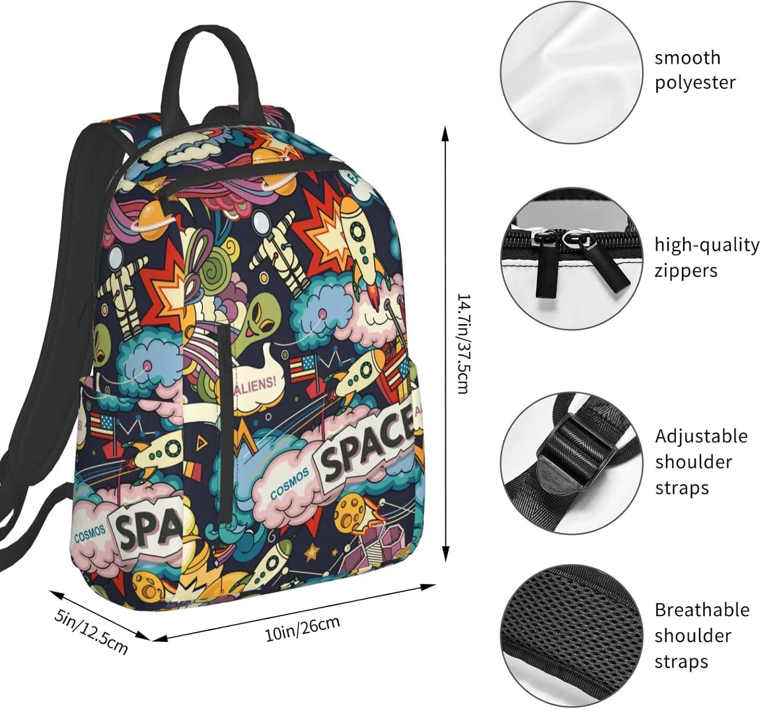 Cartoon space rockets astronaunt planets stars alien art Travel Backpack Water Resistant Bookbag