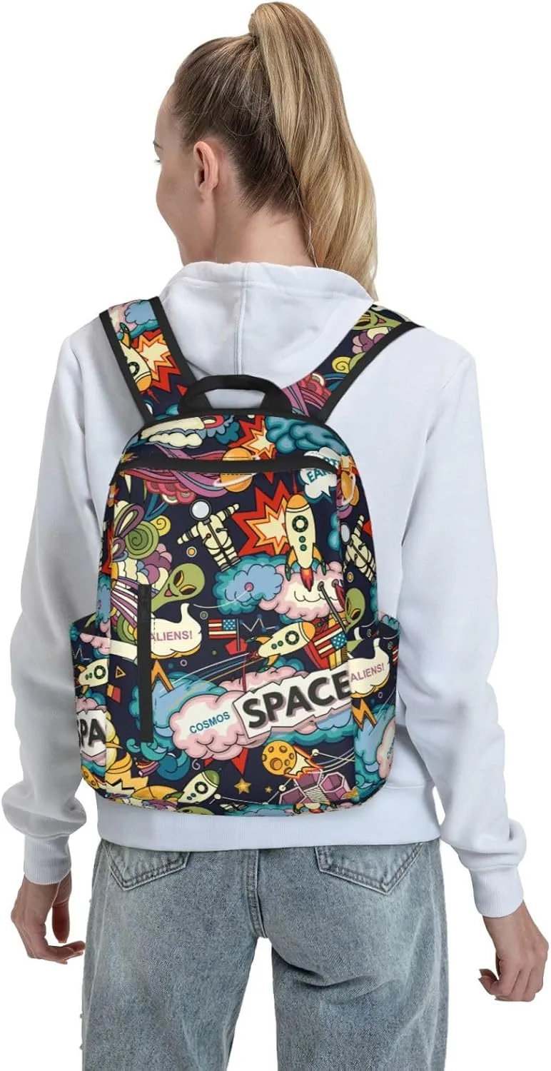 Cartoon space rockets astronaunt planets stars alien art Travel Backpack Water Resistant Bookbag