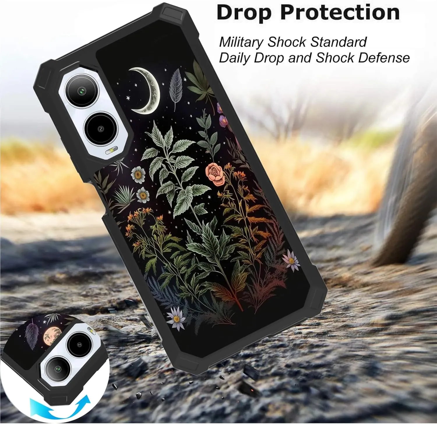 Case for Cricket Icon 6 SL219C/AT&T Verge SL219A Phone Case with Screen Protector (Tempered Glass),Slim TPU Rugged Corners Bumper Cover for Men Women-Flowers Plants Moon Night
