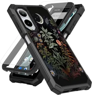 Case for Cricket Icon 6 SL219C/AT&T Verge SL219A Phone Case with Screen Protector (Tempered Glass),Slim TPU Rugged Corners Bumper Cover for Men Women-Flowers Plants Moon Night