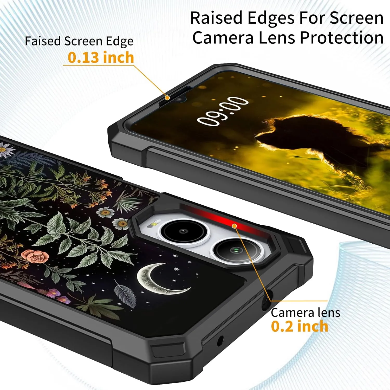 Case for Cricket Icon 6 SL219C/AT&T Verge SL219A Phone Case with Screen Protector (Tempered Glass),Slim TPU Rugged Corners Bumper Cover for Men Women-Flowers Plants Moon Night