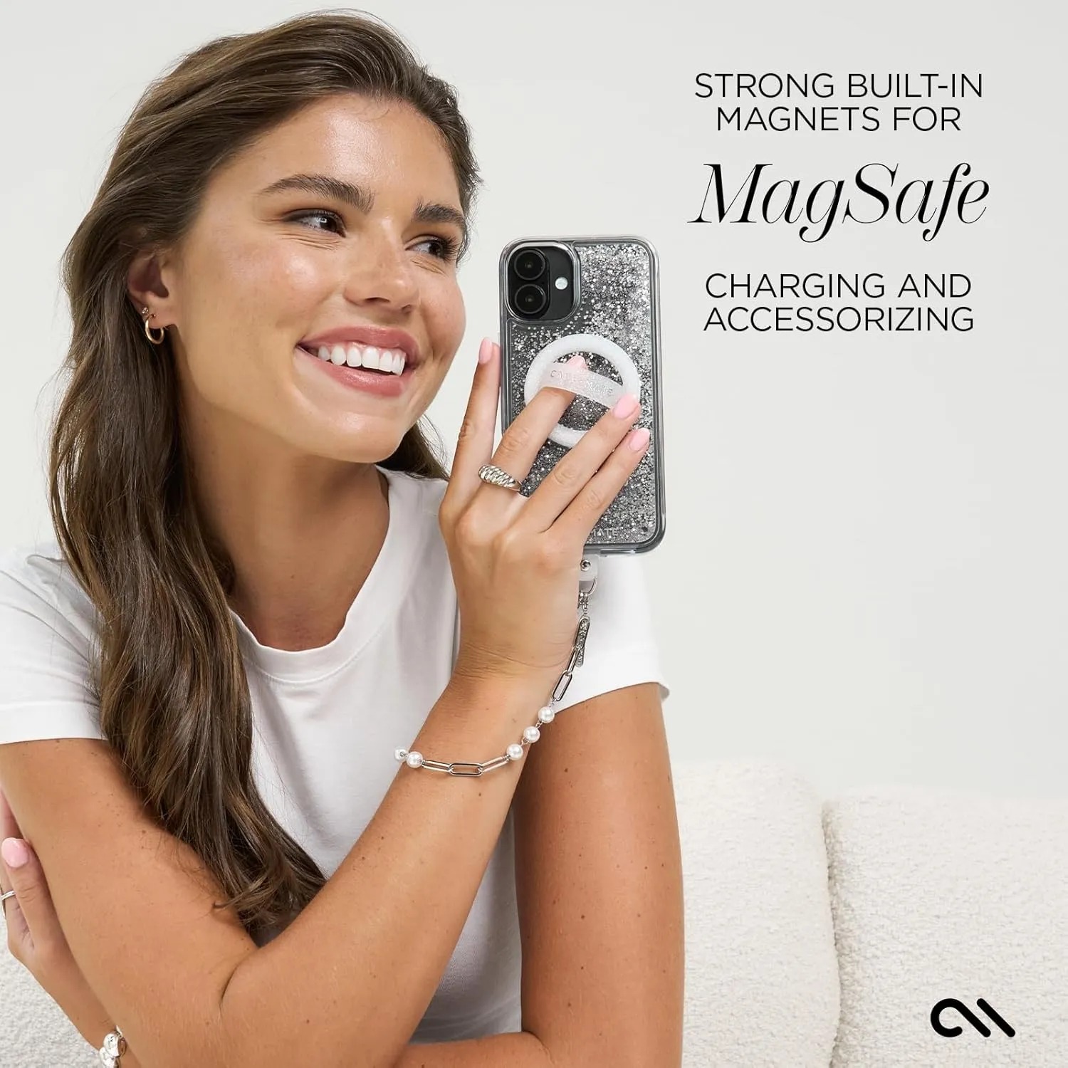 Case-Mate iPhone 16 Plus Case [Compatible with MagSafe] - Sparkly Liquid Glitter Phone Case with 12ft Drop Protection - Premium Magnetic Cover for iPhone 16 Plus - Silver Waterfall