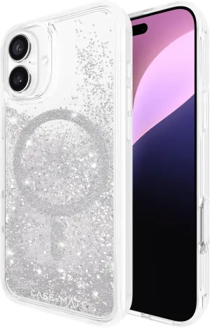 Case-Mate iPhone 16 Plus Case [Compatible with MagSafe] - Sparkly Liquid Glitter Phone Case with 12ft Drop Protection - Premium Magnetic Cover for iPhone 16 Plus - Silver Waterfall