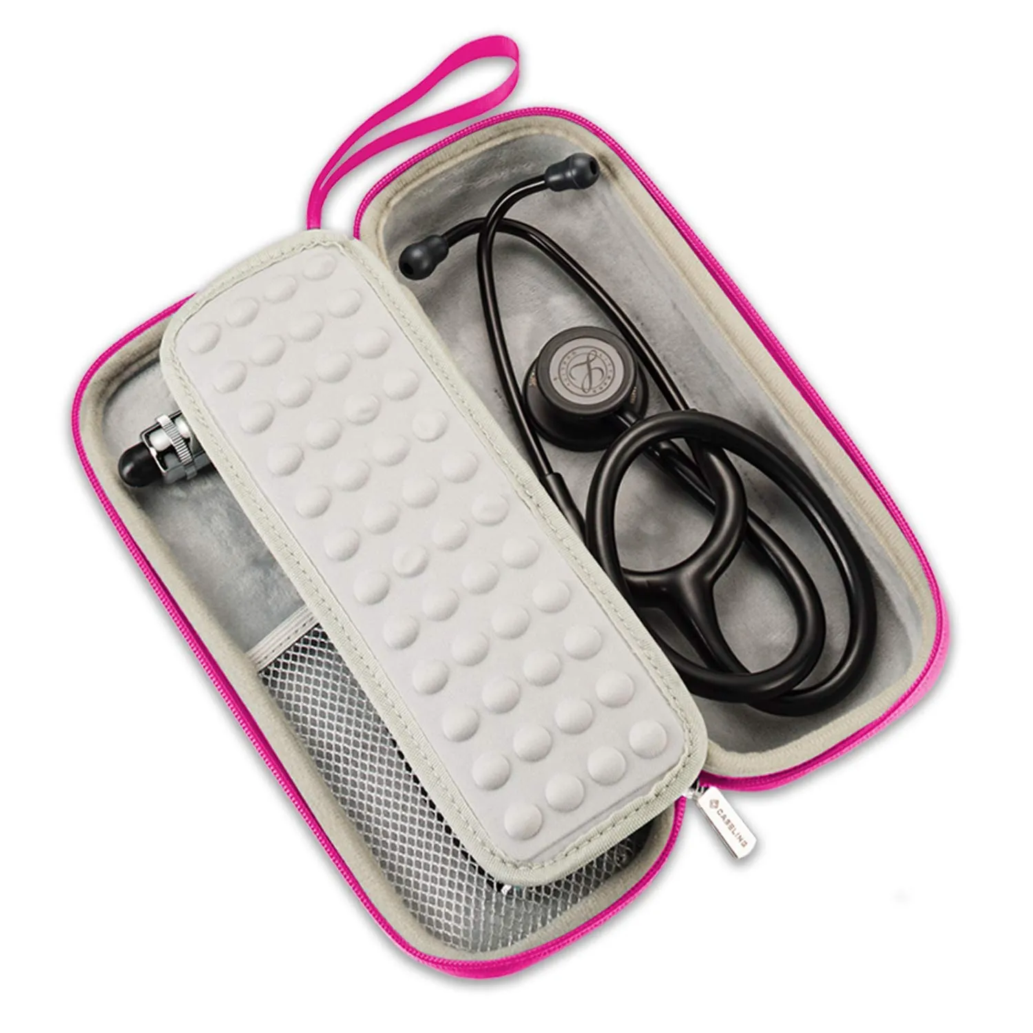 Caseling Stethoscope Case for M Littmann Classic III, Lightweight II S.E, MDF Acoustica Stethoscope, Hard Case with ID Slot and Mesh Pocket for Nurse Accessories (Pink - Pu Leather)