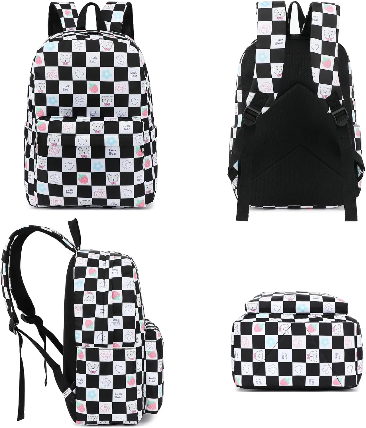 Checkered Bear School Backpack for Teen Girls, 3-in-1 Kids Backpack Bookbag Set School Bags with Lunch Box Pencil Case (Black)