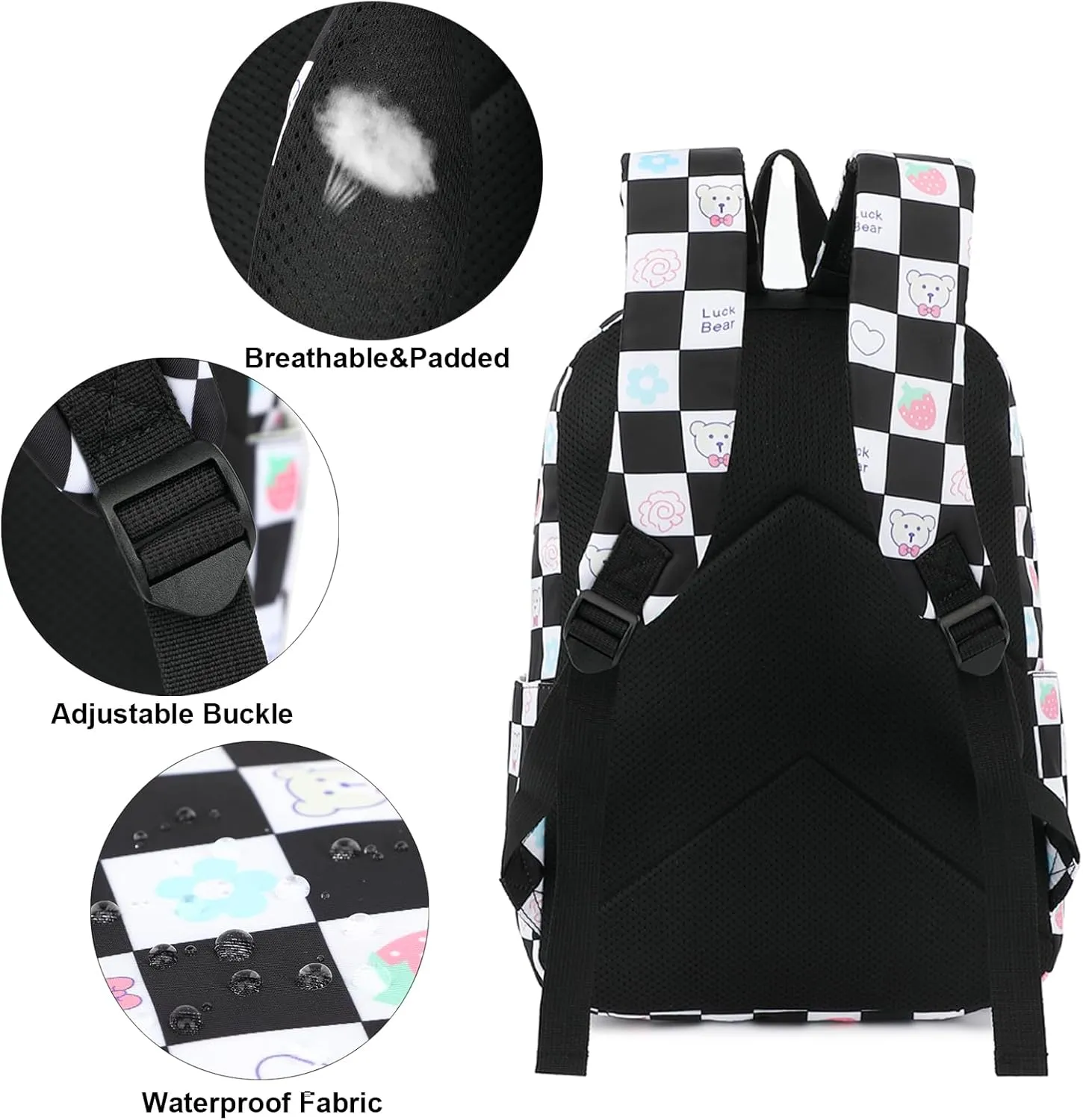 Checkered Bear School Backpack for Teen Girls, 3-in-1 Kids Backpack Bookbag Set School Bags with Lunch Box Pencil Case (Black)
