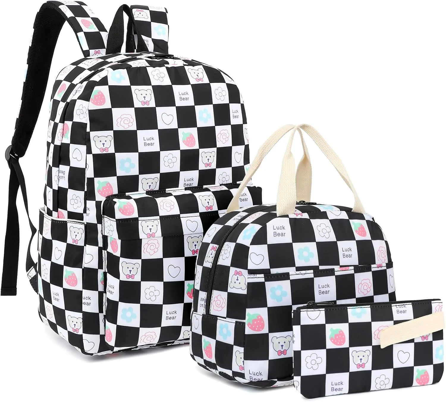 Checkered Bear School Backpack for Teen Girls, 3-in-1 Kids Backpack Bookbag Set School Bags with Lunch Box Pencil Case (Black)