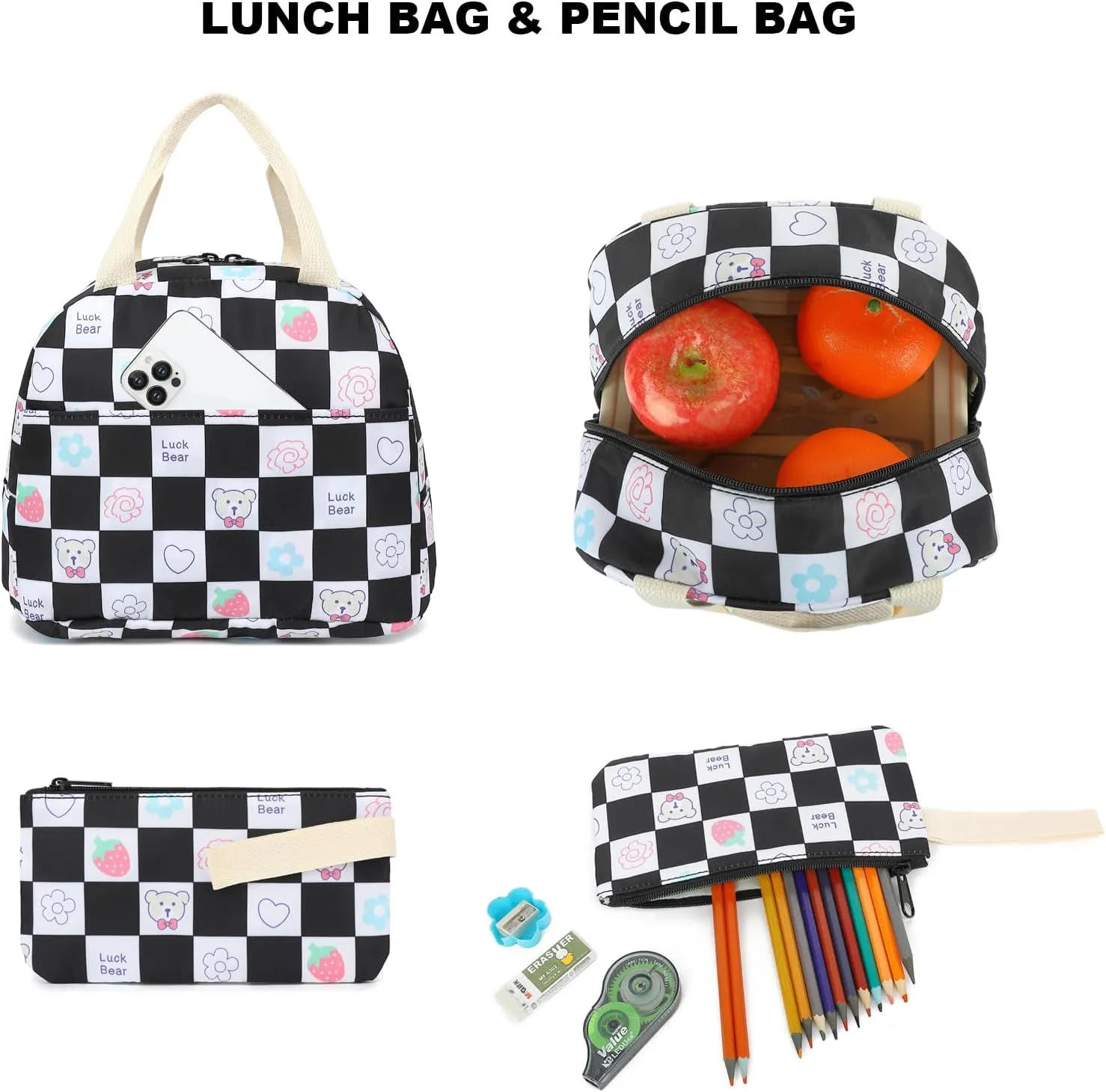 Checkered Bear School Backpack for Teen Girls, 3-in-1 Kids Backpack Bookbag Set School Bags with Lunch Box Pencil Case (Black)