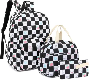 Checkered Bear School Backpack for Teen Girls, 3-in-1 Kids Backpack Bookbag Set School Bags with Lunch Box Pencil Case (Black)