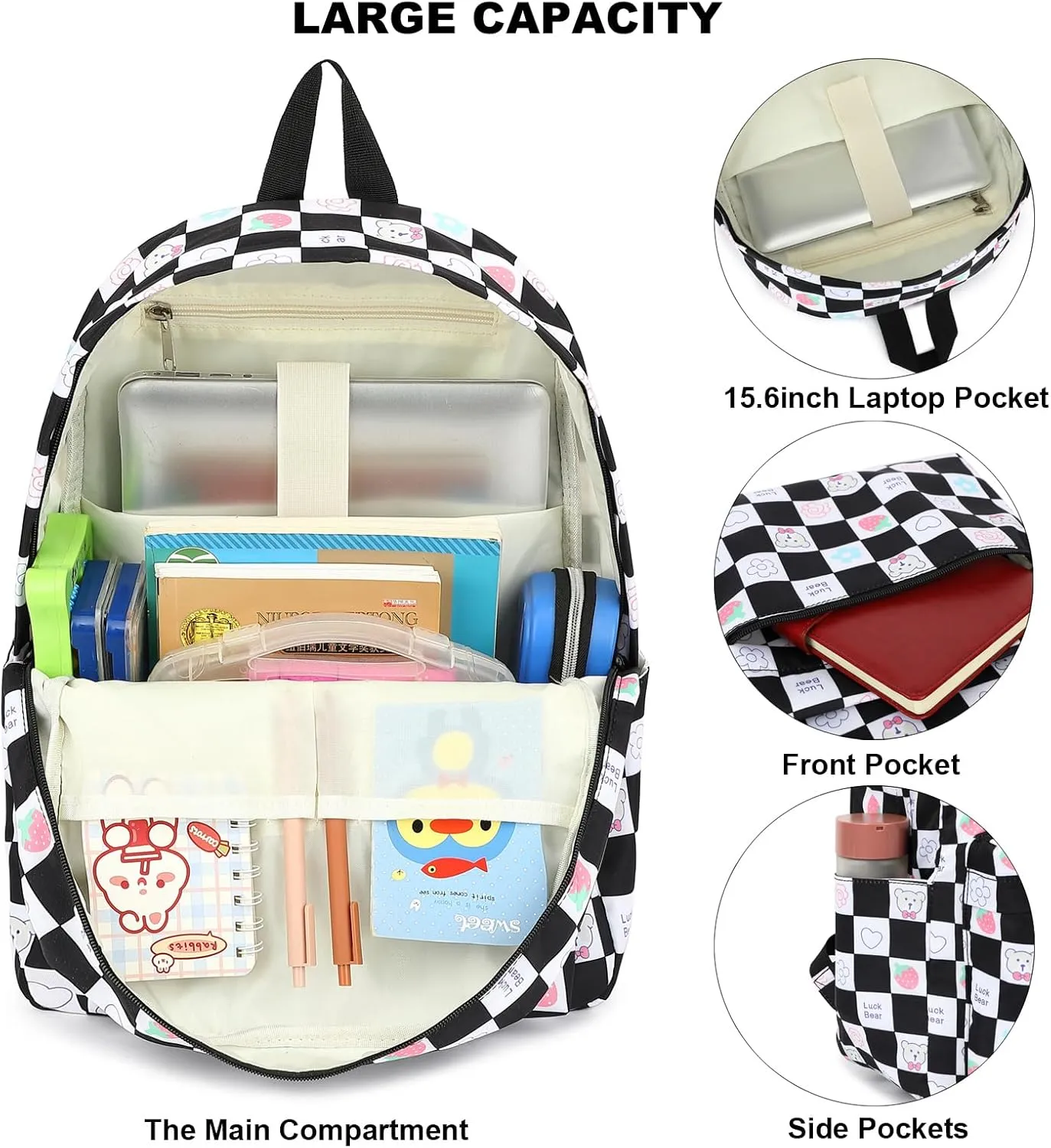 Checkered Bear School Backpack for Teen Girls, 3-in-1 Kids Backpack Bookbag Set School Bags with Lunch Box Pencil Case (Black)