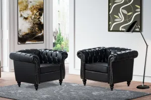 Chesterfield 2-Piece Set - Black Faux Leather Chairs for Living Room, Office, Bedroom - Roll Arm Accent Chairs with Deep-Seat Comfy Classic Club Wingback Style