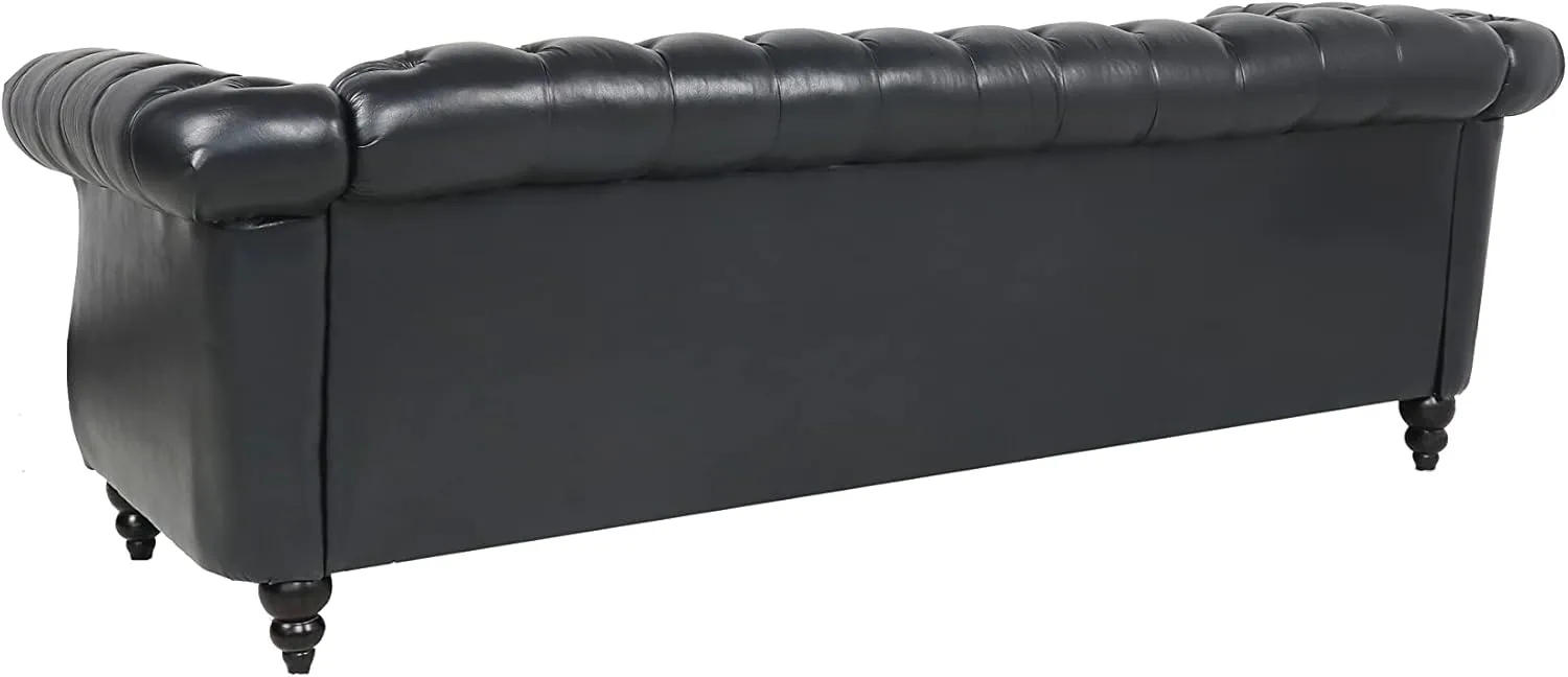 Chesterfield Sofa Leather, Modern PU Tufted Couch 3 Seater with Rolled Arms and Nailhead for Living Room, Bedroom, Office, Apartment (Black)