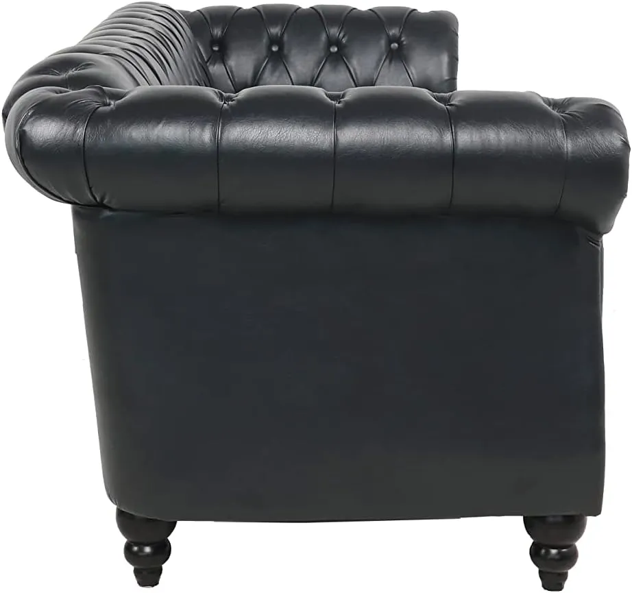 Chesterfield Sofa Leather, Modern PU Tufted Couch 3 Seater with Rolled Arms and Nailhead for Living Room, Bedroom, Office, Apartment (Black)
