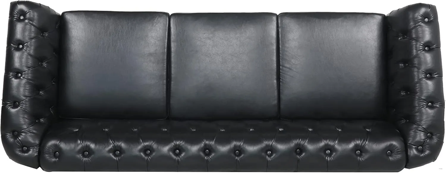 Chesterfield Sofa Leather, Modern PU Tufted Couch 3 Seater with Rolled Arms and Nailhead for Living Room, Bedroom, Office, Apartment (Black)