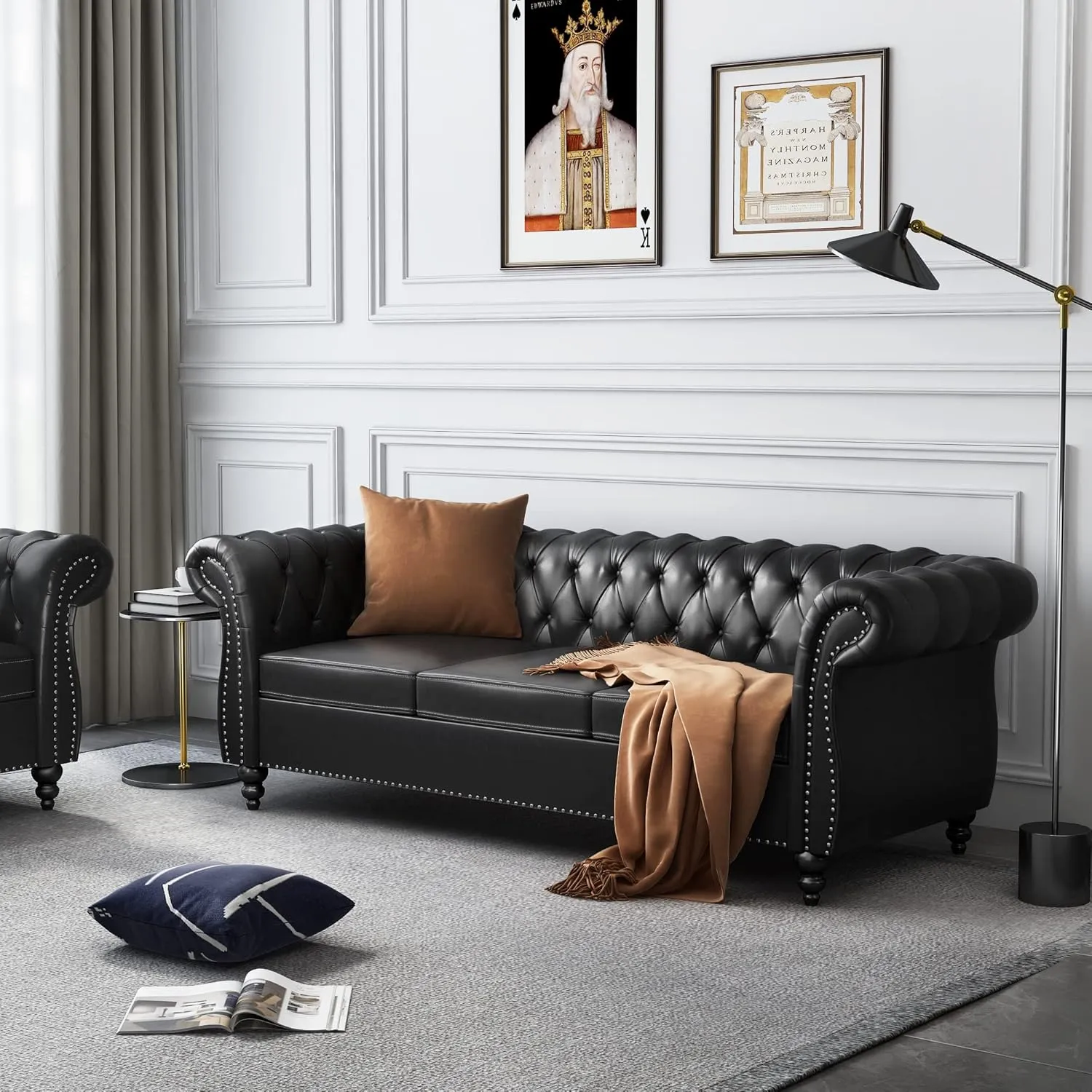 Chesterfield Sofa Leather, Modern PU Tufted Couch 3 Seater with Rolled Arms and Nailhead for Living Room, Bedroom, Office, Apartment (Black)