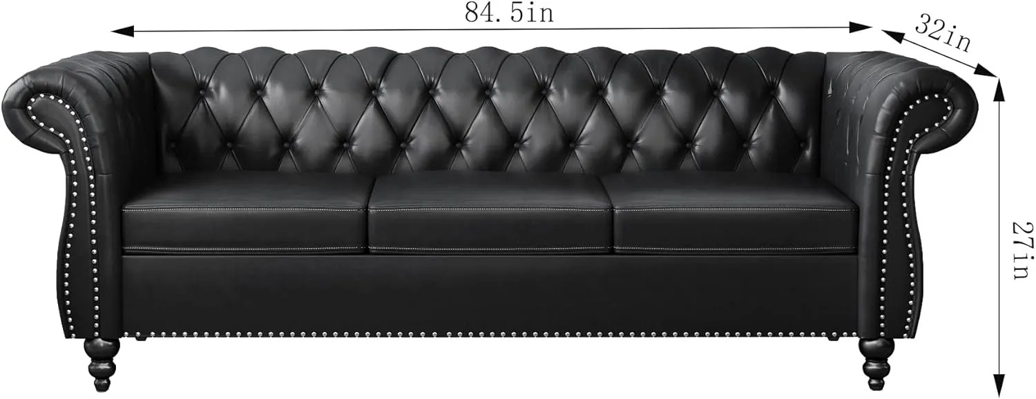 Chesterfield Sofa Leather, Modern PU Tufted Couch 3 Seater with Rolled Arms and Nailhead for Living Room, Bedroom, Office, Apartment (Black)