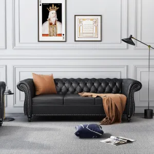 Chesterfield Sofa Leather, Modern PU Tufted Couch 3 Seater with Rolled Arms and Nailhead for Living Room, Bedroom, Office, Apartment (Black)