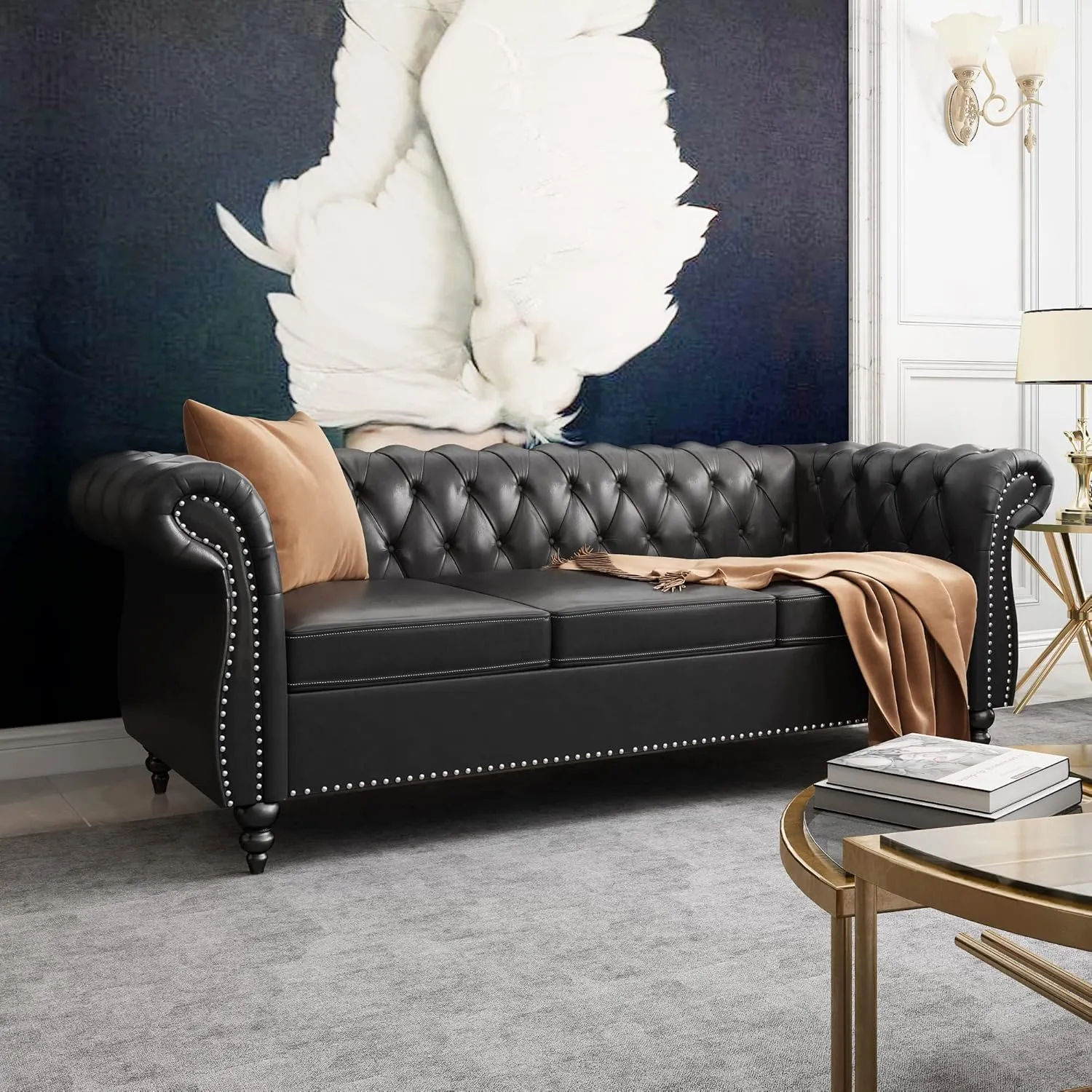 Chesterfield Sofa Leather, Modern PU Tufted Couch 3 Seater with Rolled Arms and Nailhead for Living Room, Bedroom, Office, Apartment (Black)