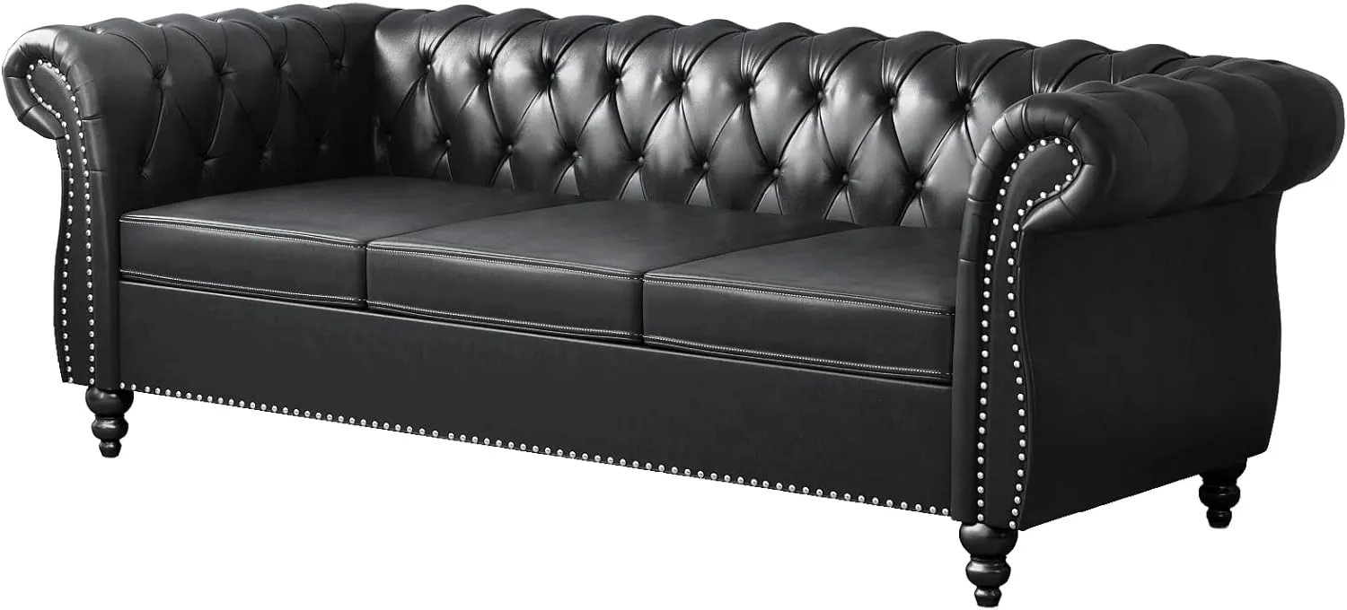 Chesterfield Sofa Leather, Modern PU Tufted Couch 3 Seater with Rolled Arms and Nailhead for Living Room, Bedroom, Office, Apartment (Black)