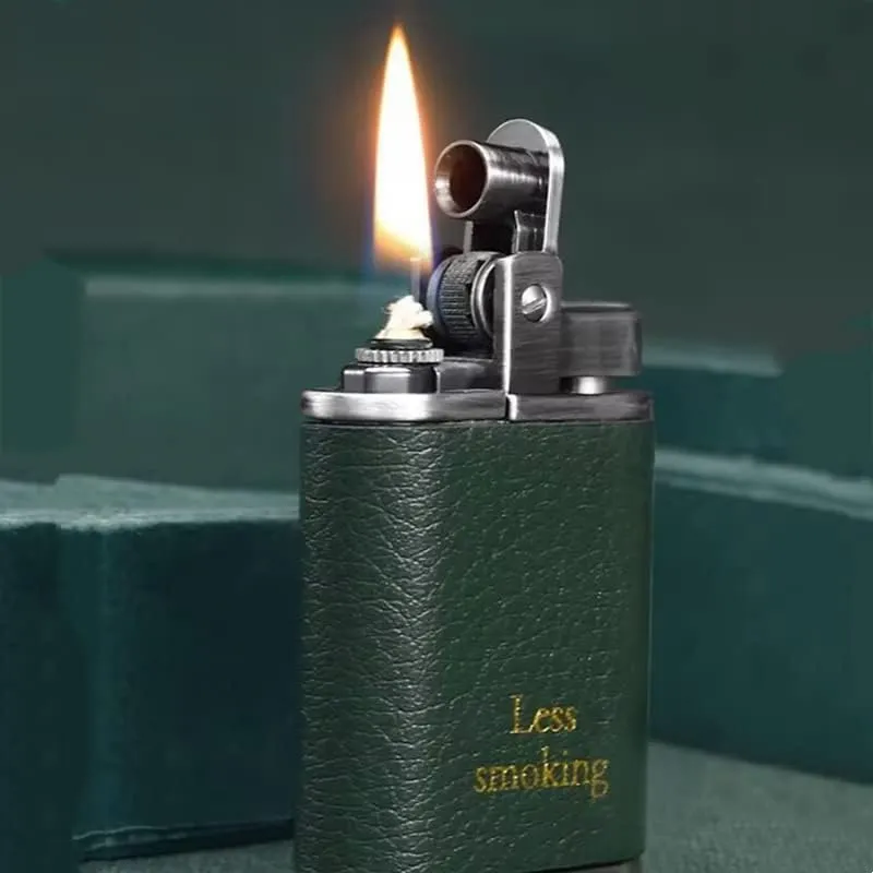Chief Porket Lighter Leather Cover Refillable Kerosene Lighters Smoking Accessories Gift for Men with Box (Black)