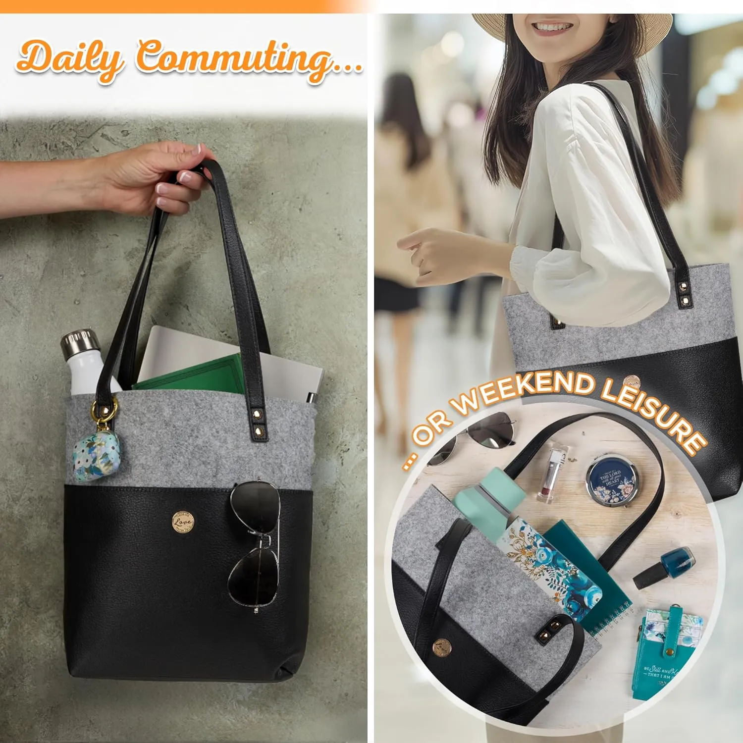 Christian Art Gifts Felt and Faux Leather Fashion Bible Tote Bag for Women: Love Never Fails - 2 Corinthian 13:8 Inspirational Bible Verse, Black and Gray Tote Bag for Travel, Books & School Supplies