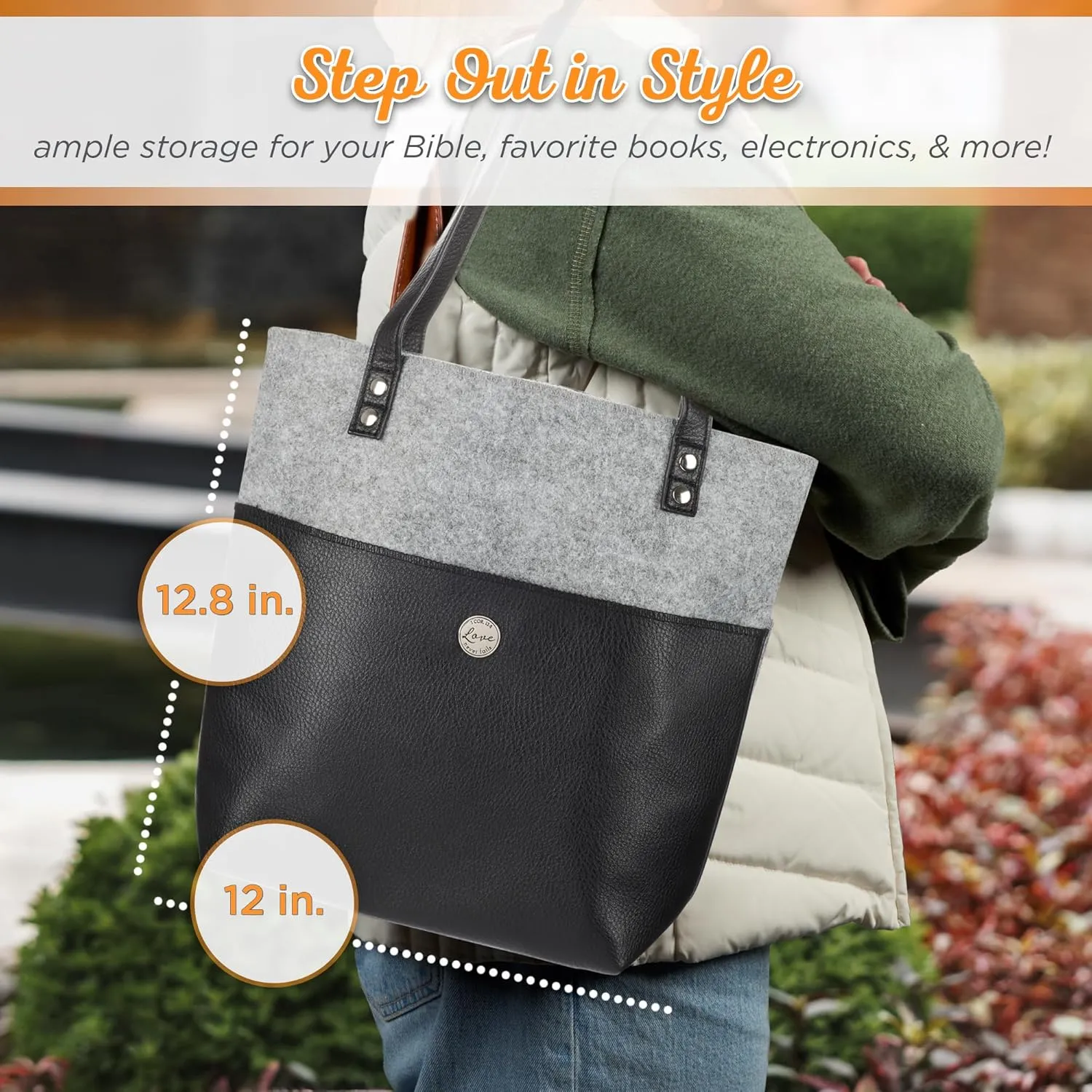 Christian Art Gifts Felt and Faux Leather Fashion Bible Tote Bag for Women: Love Never Fails - 2 Corinthian 13:8 Inspirational Bible Verse, Black and Gray Tote Bag for Travel, Books & School Supplies