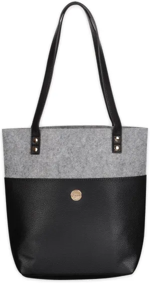 Christian Art Gifts Felt and Faux Leather Fashion Bible Tote Bag for Women: Love Never Fails - 2 Corinthian 13:8 Inspirational Bible Verse, Black and Gray Tote Bag for Travel, Books & School Supplies