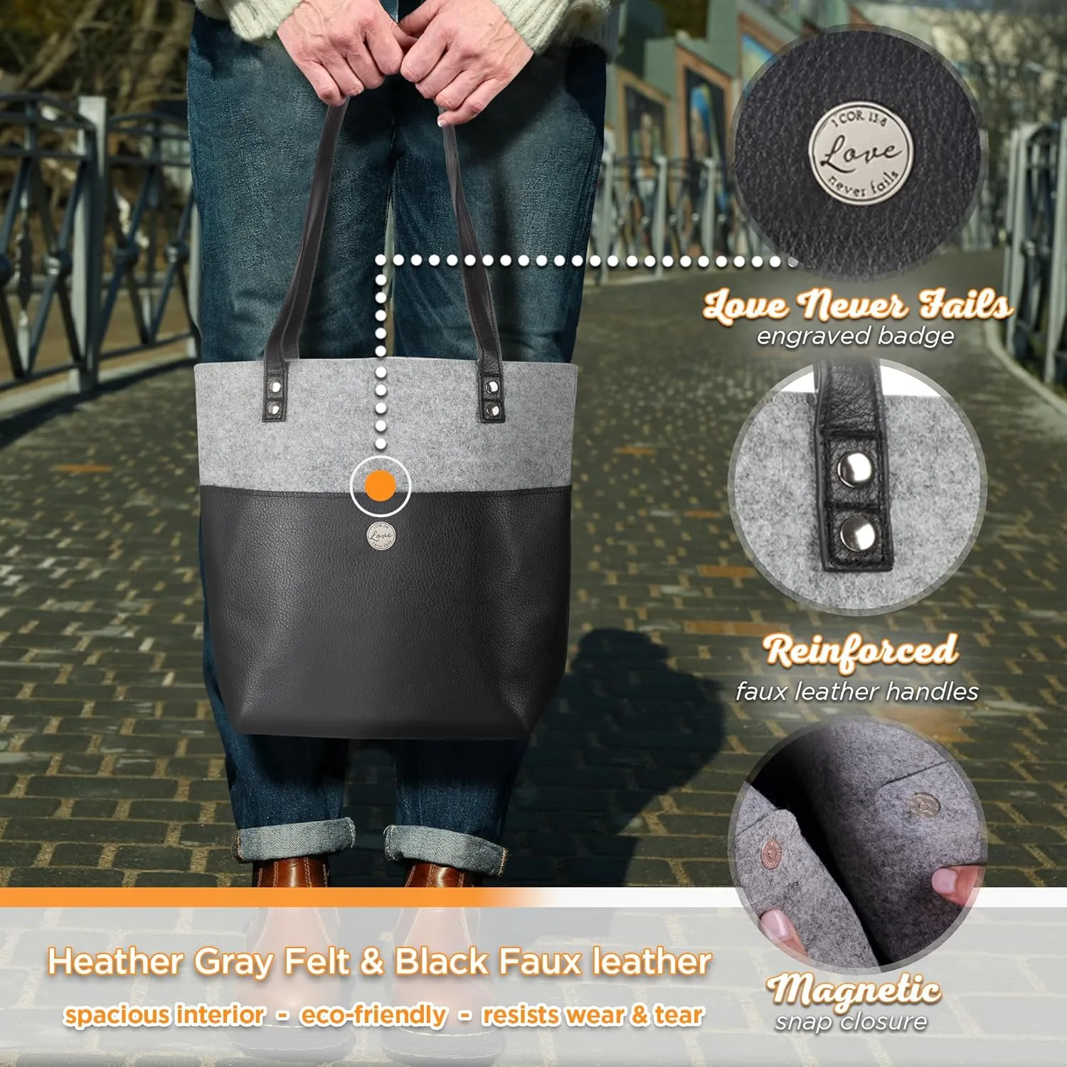 Christian Art Gifts Felt and Faux Leather Fashion Bible Tote Bag for Women: Love Never Fails - 2 Corinthian 13:8 Inspirational Bible Verse, Black and Gray Tote Bag for Travel, Books & School Supplies