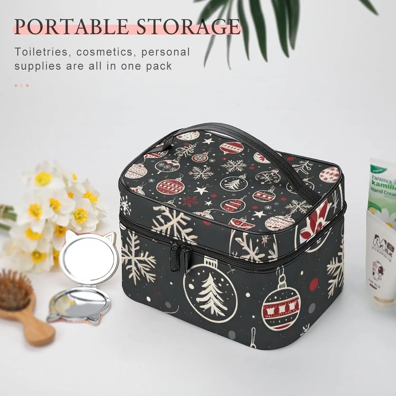 Christmas Decorations, Lights, Background Portable Cosmetic Bag,Large Capacity Travel Makeup Case Organizer, Women Toiletry Bag for Girls Traveling with Compartments 25x18x15cm