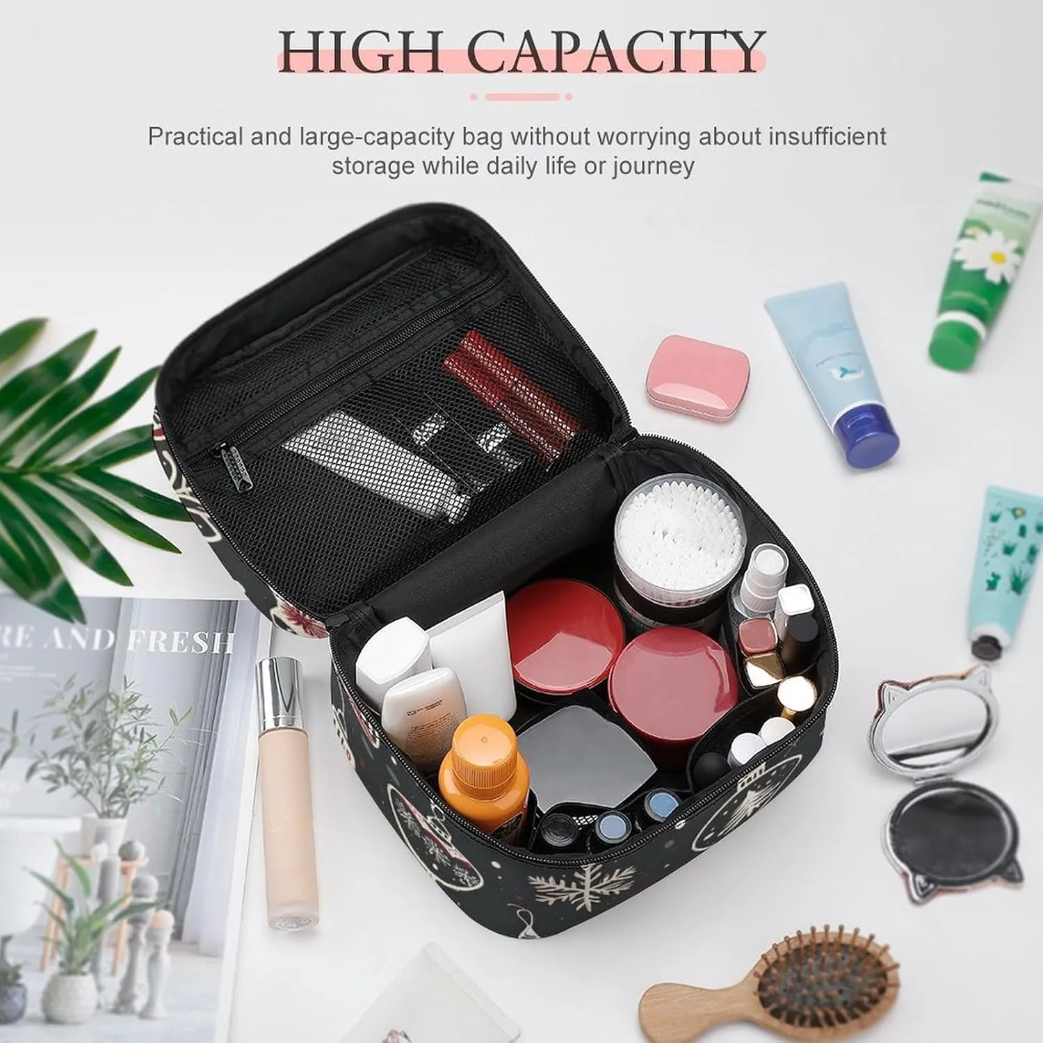 Christmas Decorations, Lights, Background Portable Cosmetic Bag,Large Capacity Travel Makeup Case Organizer, Women Toiletry Bag for Girls Traveling with Compartments 25x18x15cm